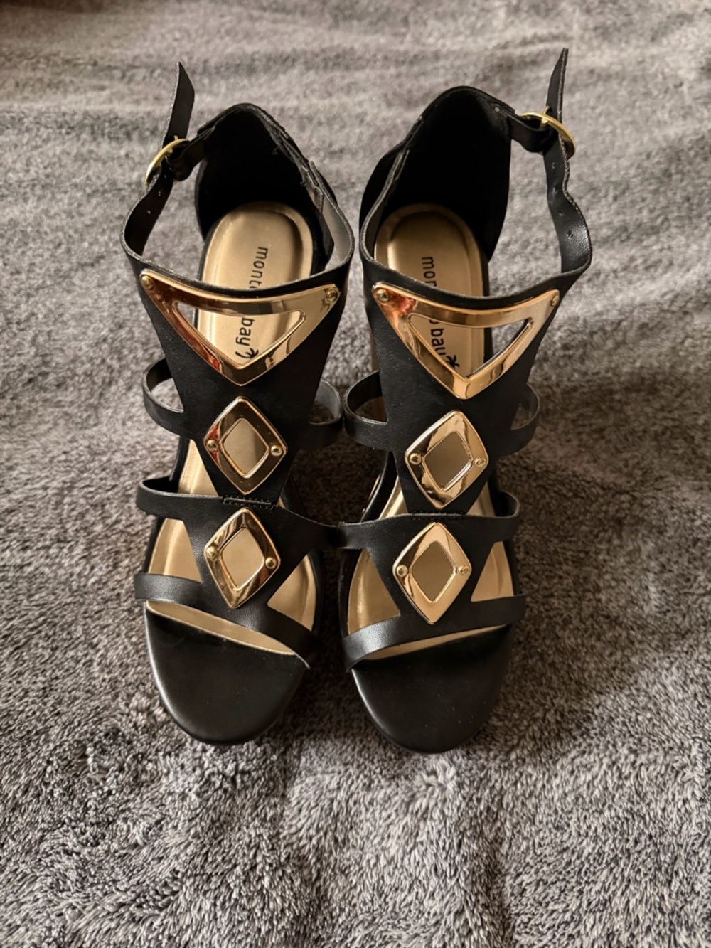 Montego Bay Club Black With Gold Detail Wedge Heeled Sandals